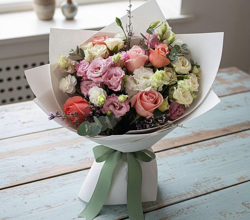 Букет цветов из: Розы, Лизиантусы и Гвоздики в Сеченово