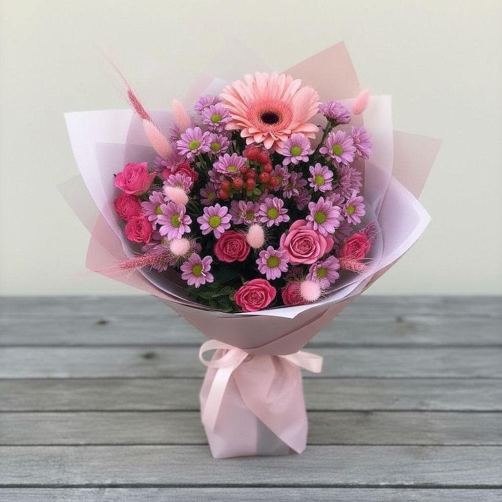 Букет цветов из: Розы, Герберы и Хризантемы в Сеченово