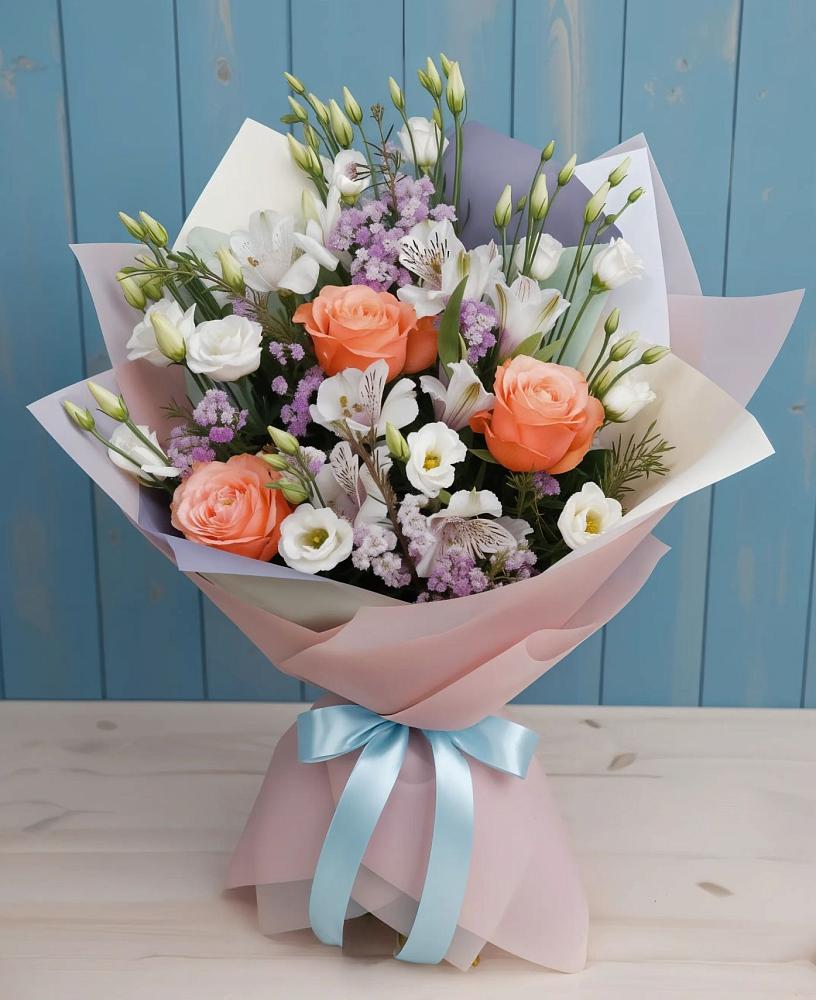 Букет цветов из: Лизиантусы, Розы, Альстромерии и Гипсофила в Сеченово