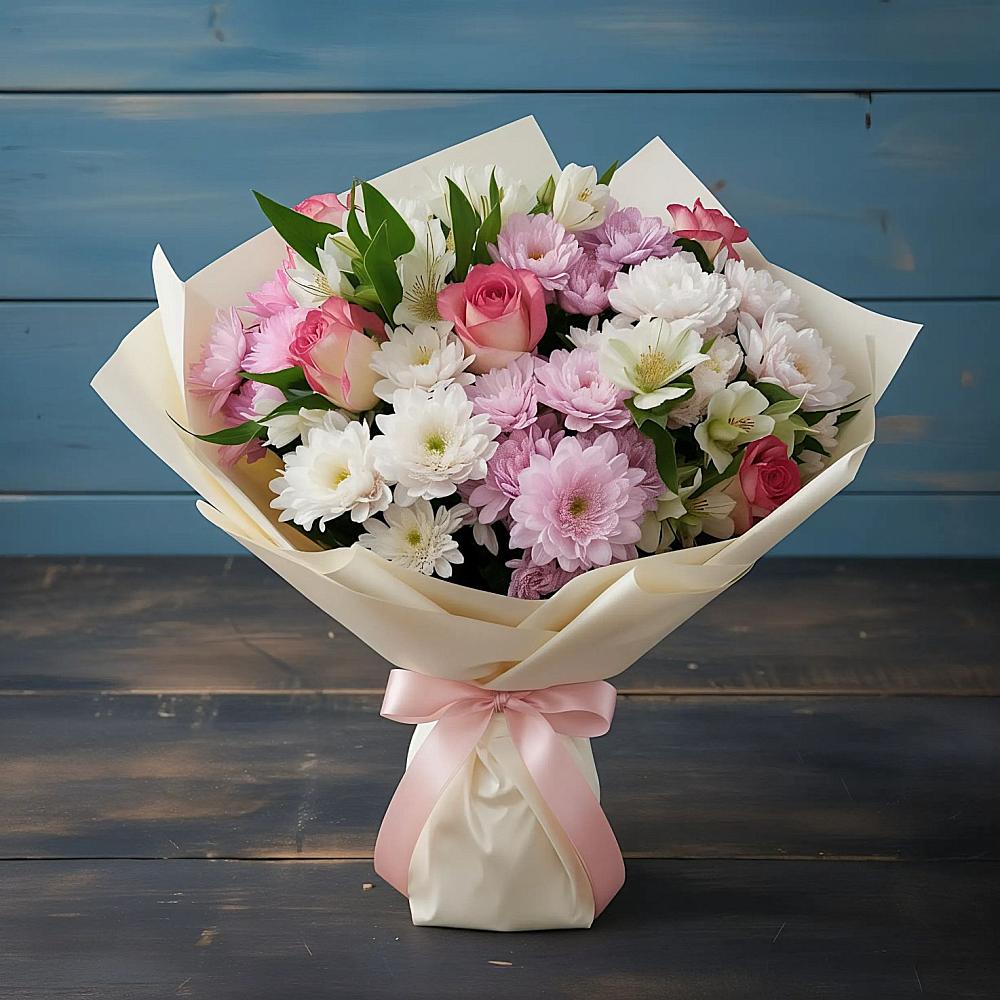 Букет цветов из: Хризантемы, Альстромерии и Розы в Сеченово